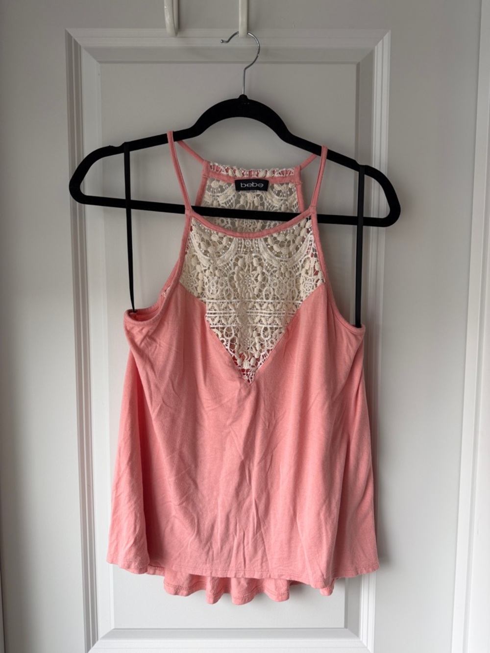 bebe Pink Camisole with Cream Crochet Halter Panel